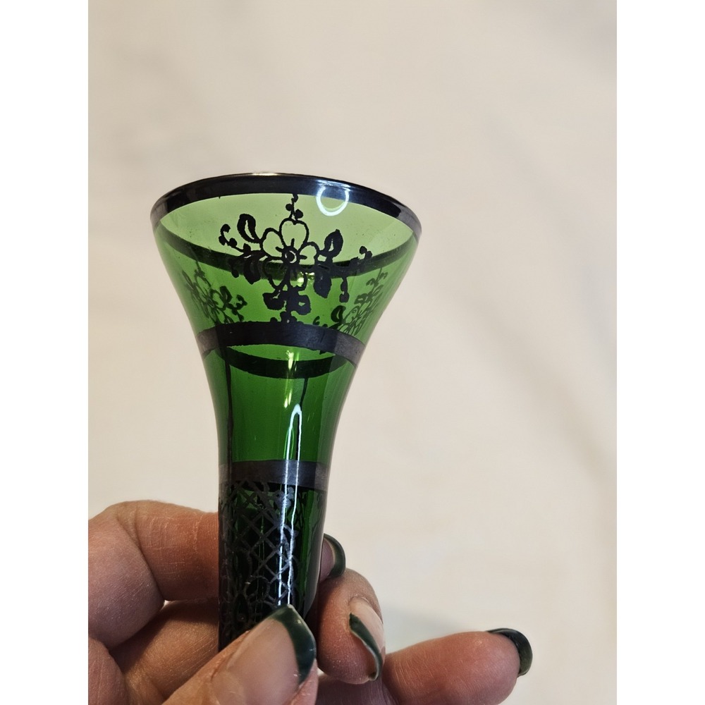 Bohemian Emerald Green Glass Silver Overlay Bud or Weed Vase - Beautiful - Picture 14 of 16
